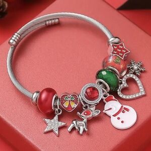Sparkling Red Christmas Expanding Charm Bracelet with Pandora Type Bea…